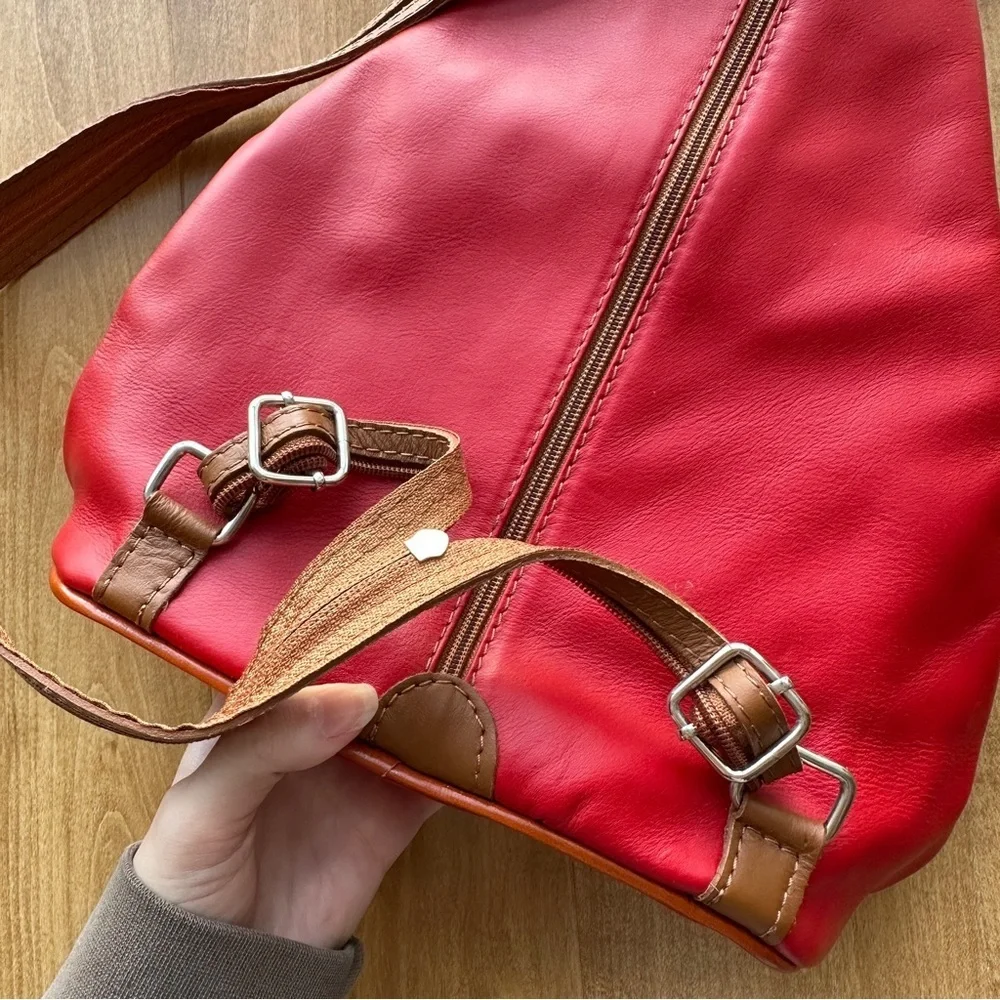 Vera Pelle Genuine Soft Italian Leather Backpack/Rucksack Shoulder Bag, Red/Tan